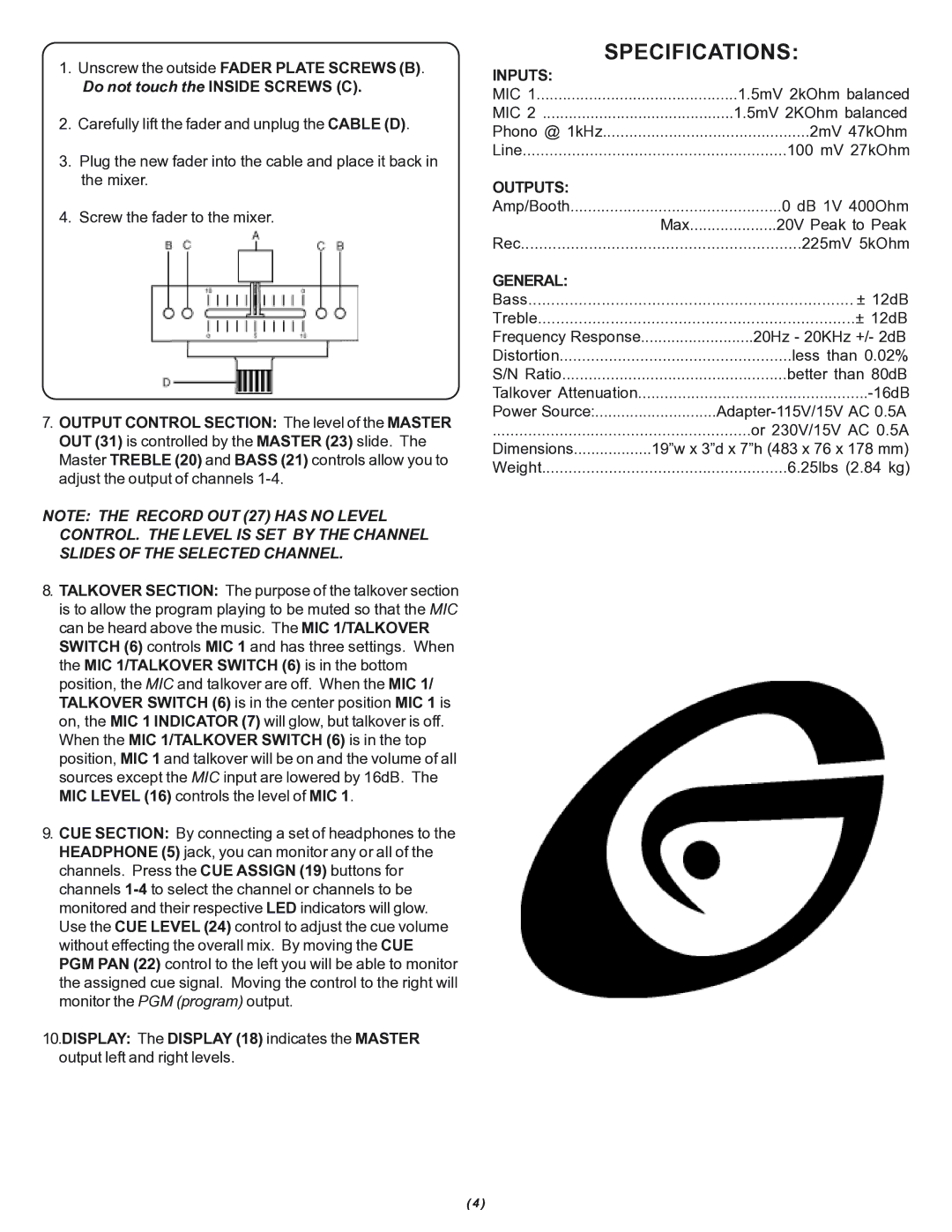 Gemini PMX-1100 manual Specifications, Inputs, Outputs, General 