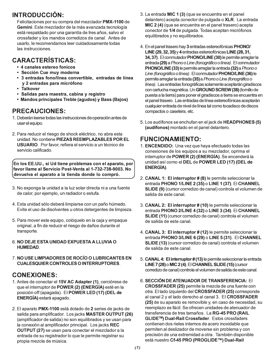 Gemini PMX-1100 manual Introducción, Características, Precauciones, Conexiones, Funcionamiento 