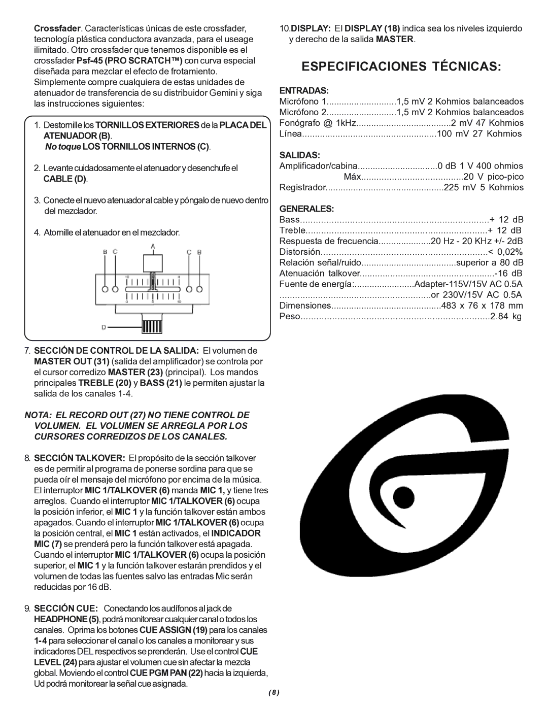 Gemini PMX-1100 manual Especificaciones Técnicas, Entradas, Salidas, Generales 