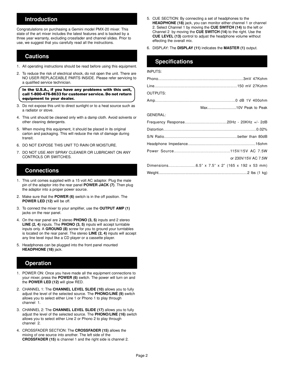 Gemini PMX-20 manual Introduction, Connections, Operation, Specifications 