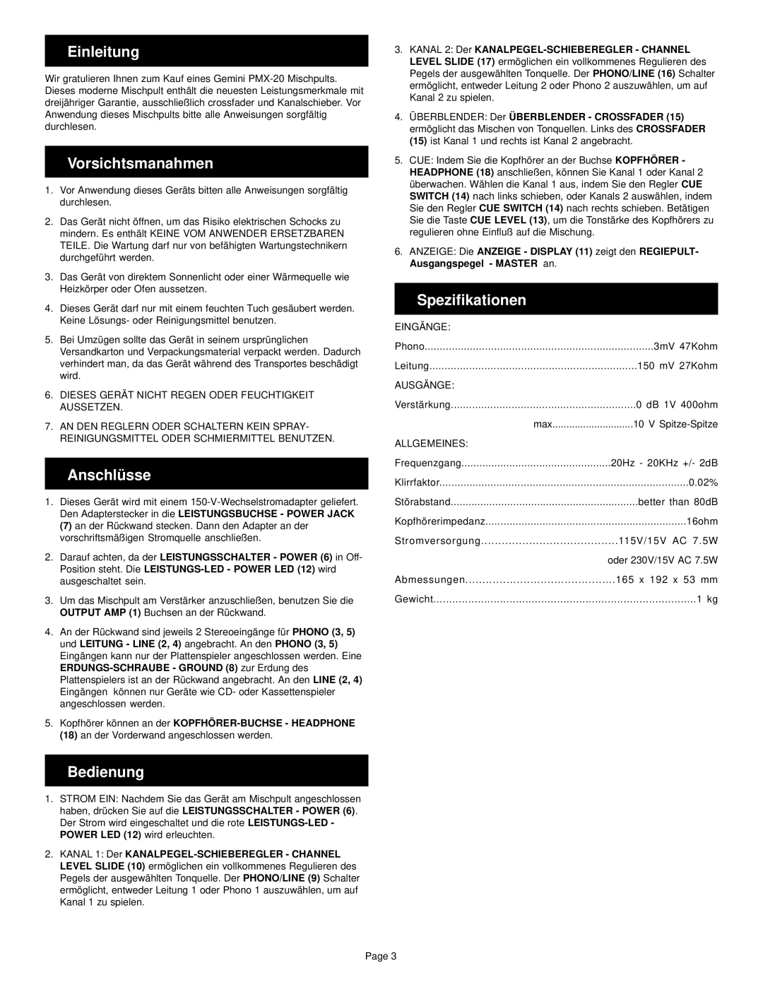 Gemini PMX-20 manual Einleitung, Vorsichtsmanahmen, Anschlüsse, Bedienung, Spezifikationen 