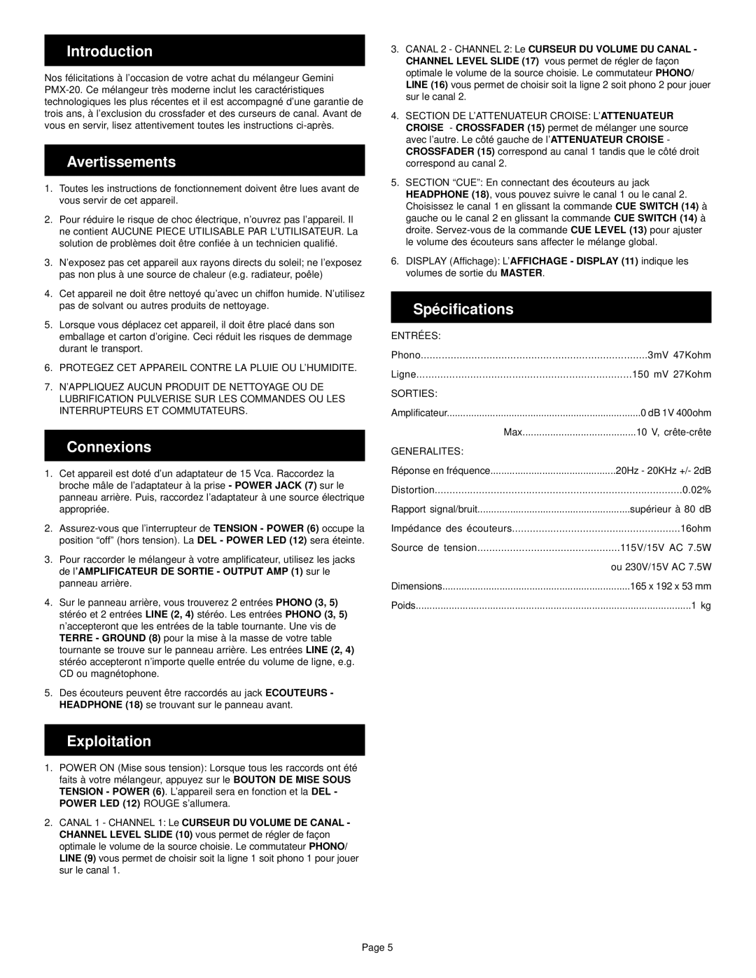 Gemini PMX-20 manual Avertissements, Exploitation, Spécifications 