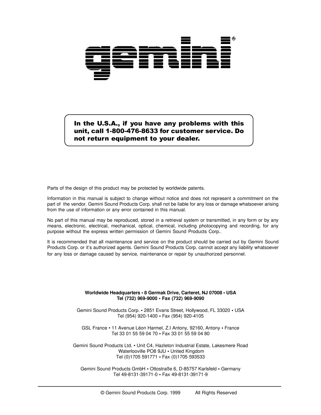 Gemini PMX-20 manual All Rights Reserved 