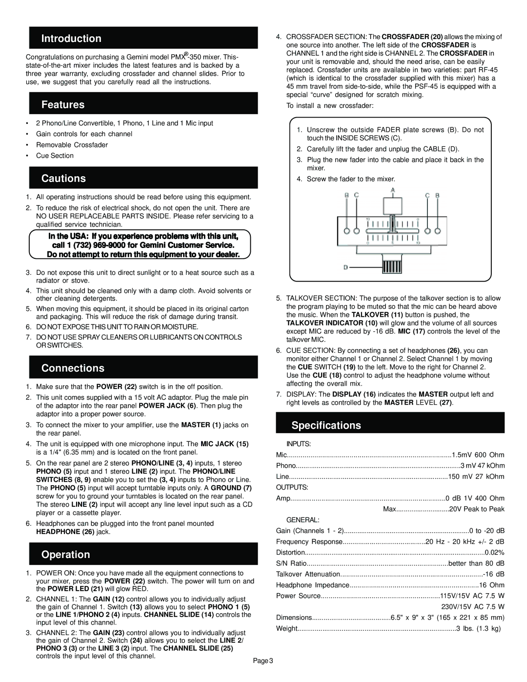 Gemini PMX-350 manual Introduction, Features, Connections, Operation, Specifications 