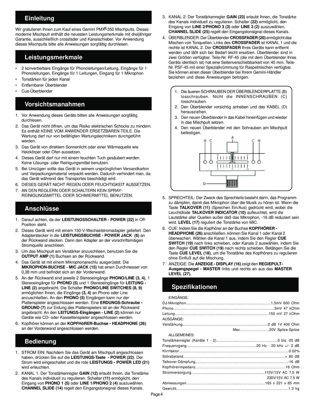 Gemini PMX-350 manual Einleitung, Leistungsmerkmale, Vorsichtsmanahmen, Anschlüsse, Bedienung, Spezifikationen 