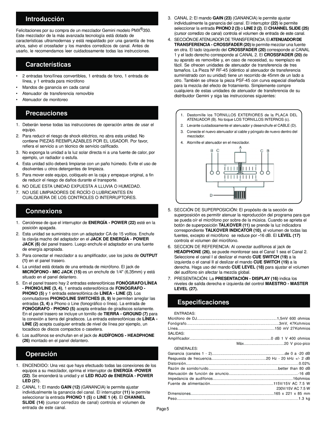 Gemini PMX-350 manual Introducción, Características, Precauciones, Connexions, Especificaciones, Operación 