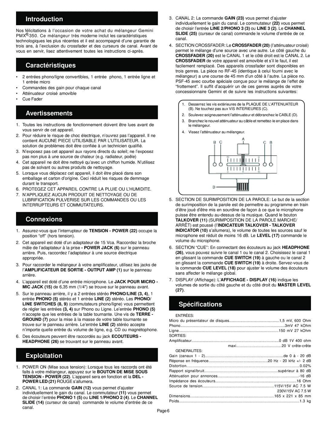 Gemini PMX-350 manual Caractéristiques, Avertissements, Spécifications, Exploitation 