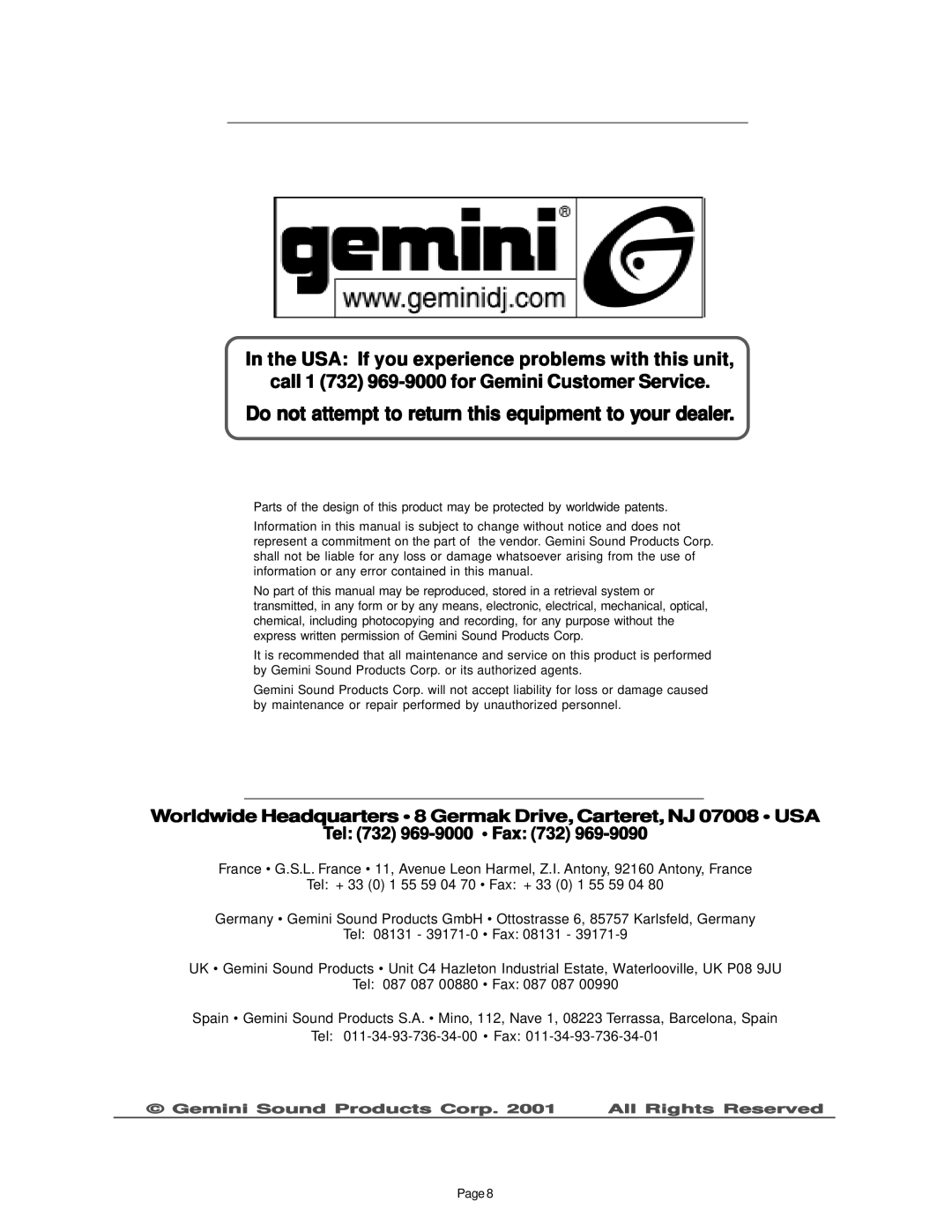 Gemini PMX-350 manual Do not attempt to return this equipment to your dealer 