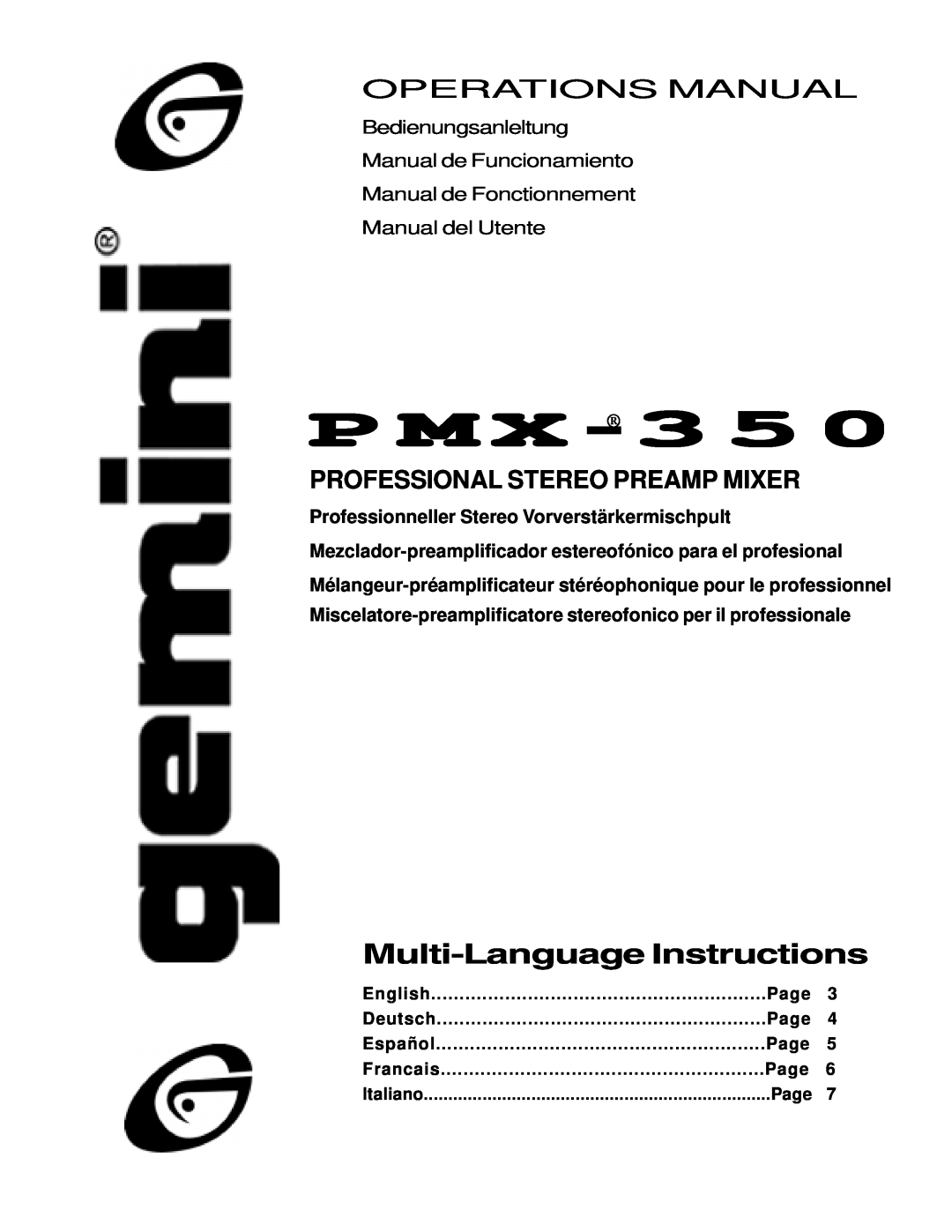 Gemini PMX-350 manual P M X - 3, Multi-LanguageInstructions, Operations Manual, Professional Stereo Preamp Mixer 