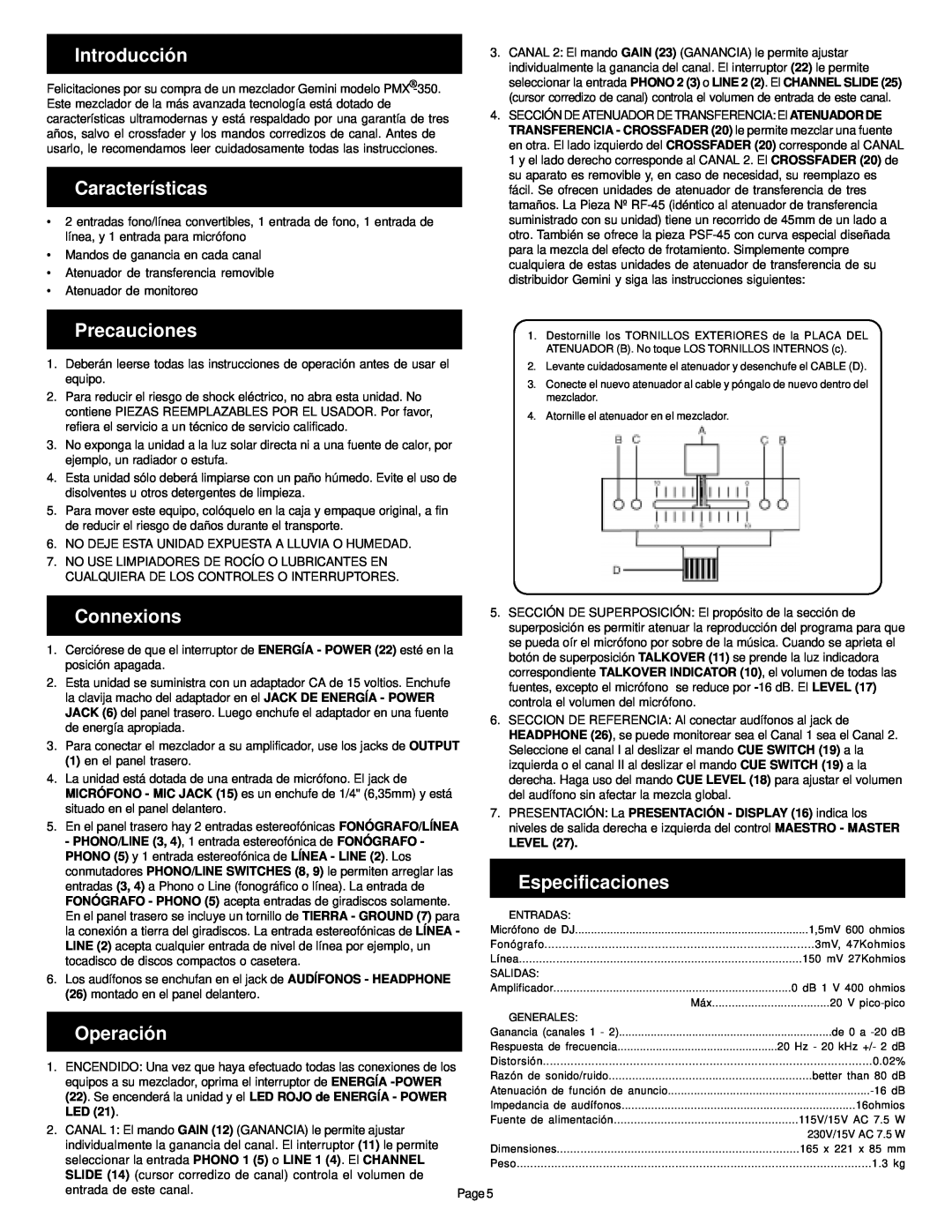 Gemini PMX-350 manual Introducción, Características, Precauciones, Connexions, Especificaciones, Operación 