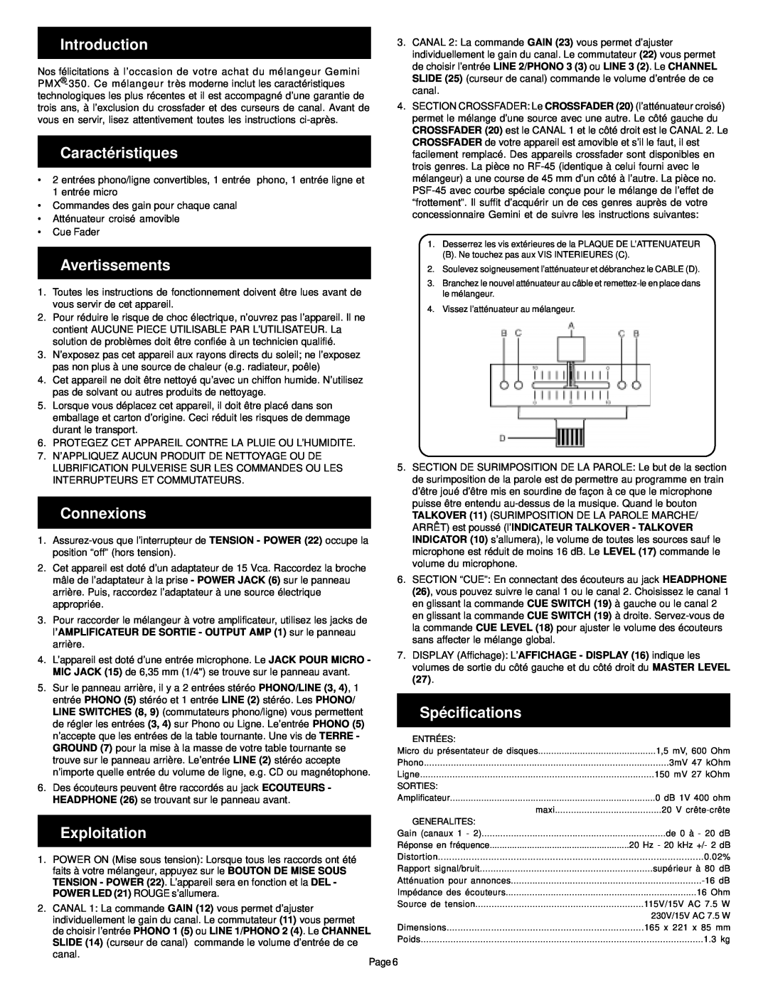 Gemini PMX-350 manual Caractéristiques, Avertissements, Spécifications, Exploitation, Introduction, Connexions 