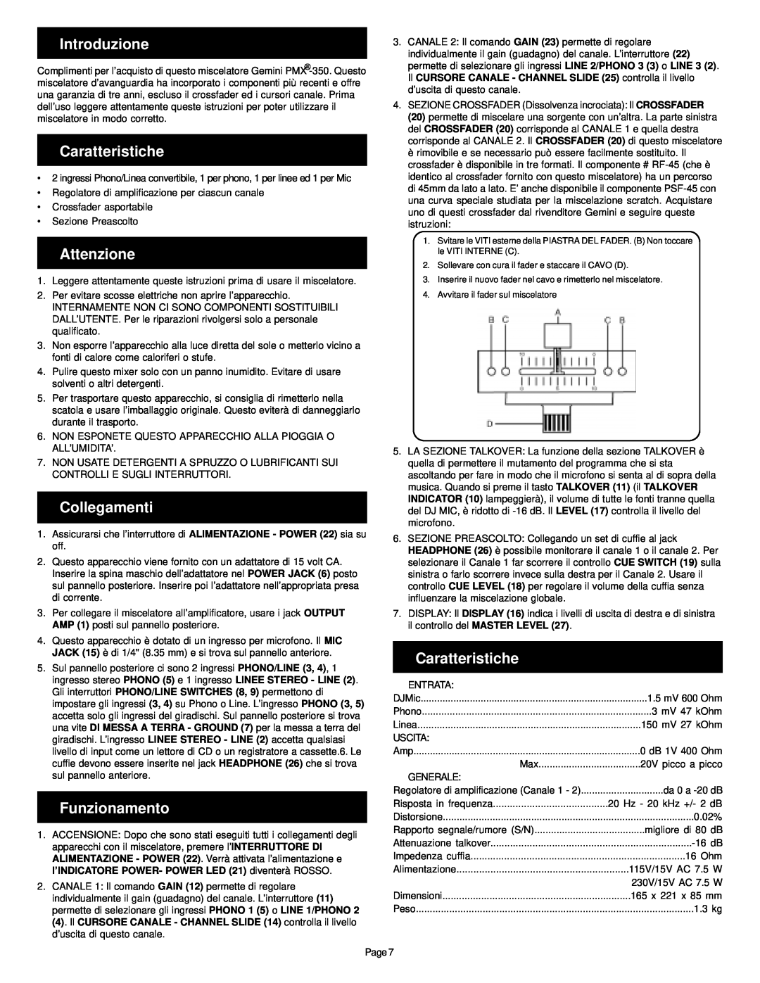 Gemini PMX-350 manual Introduzione, Caratteristiche, Attenzione, Collegamenti, Funzionamento 