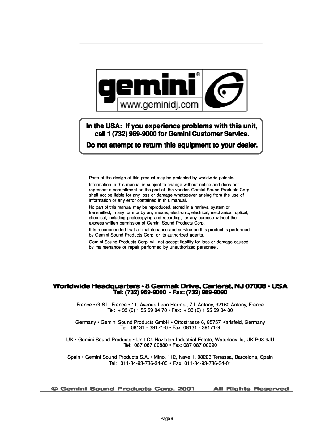 Gemini PMX-350 manual call 1 732 969-9000for Gemini Customer Service, Tel 732 969-9000 Fax 