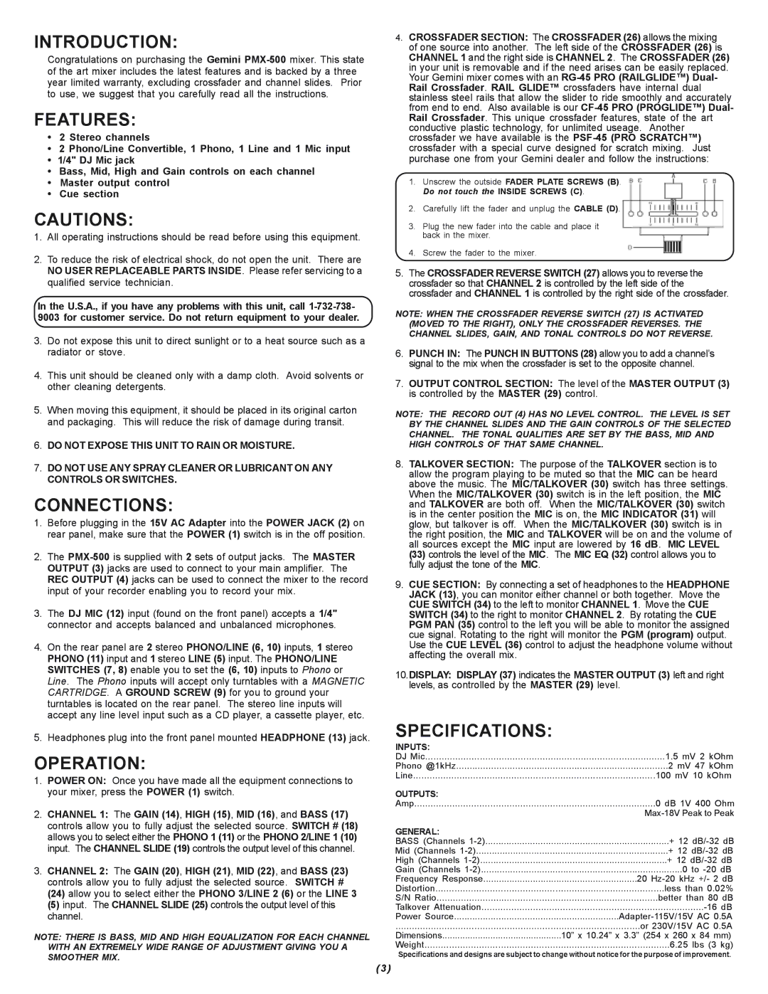 Gemini PMX-500 manual Introduction, Features, Connections, Operation, Specifications 