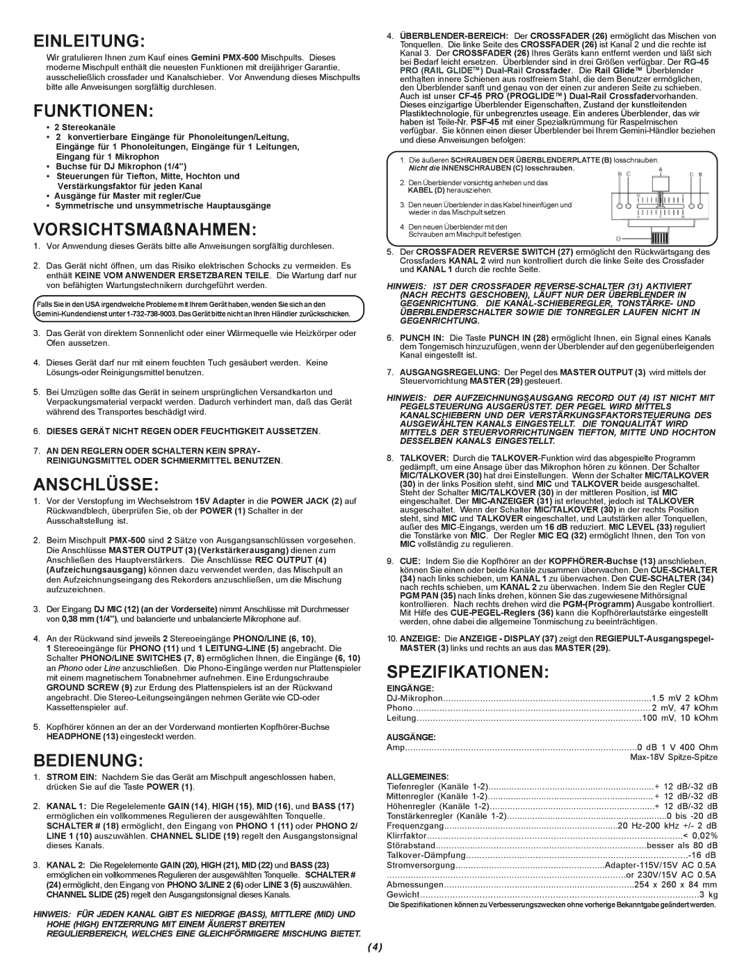 Gemini PMX-500 manual Einleitung, Funktionen, Anschlüsse, Bedienung, Spezifikationen 