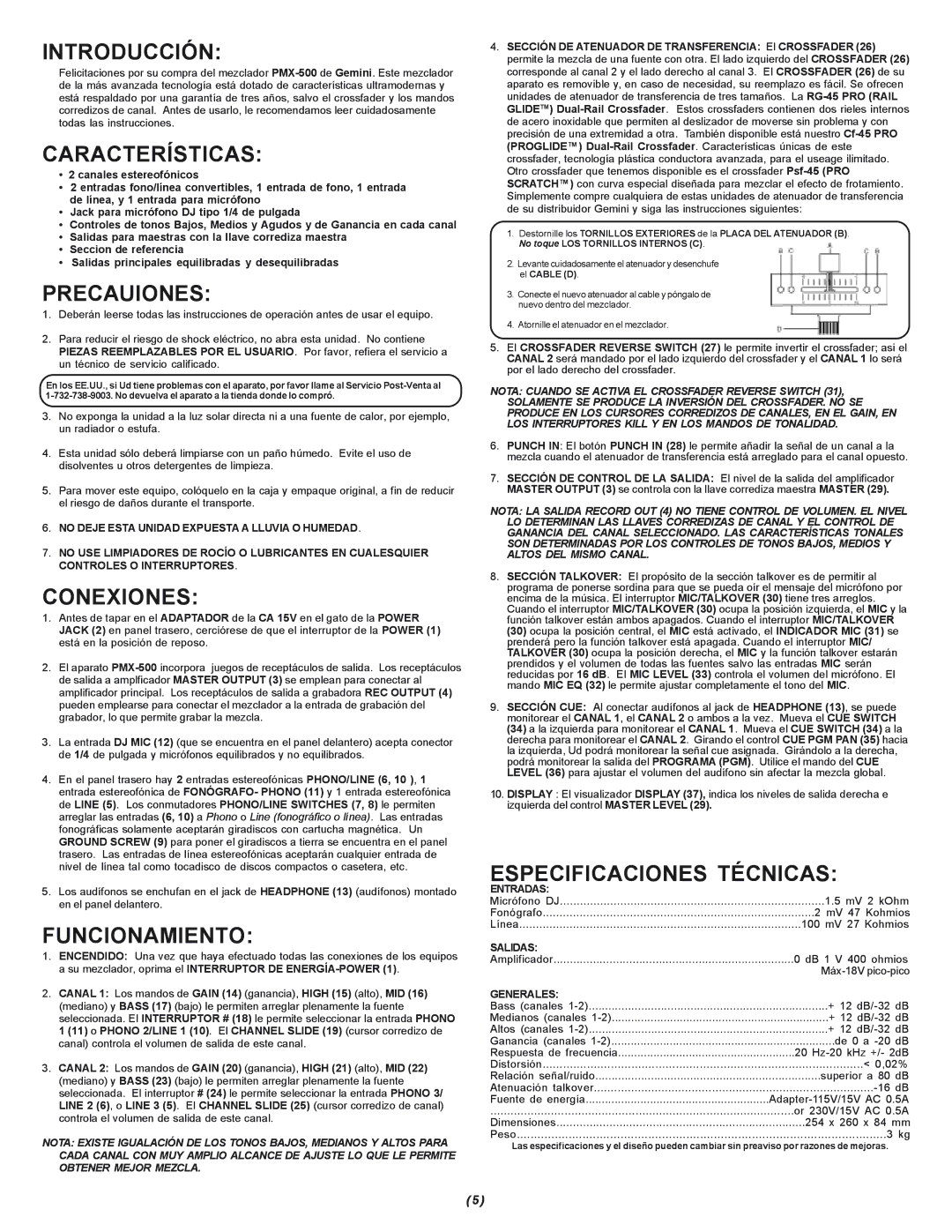 Gemini PMX-500 manual Introducción, Características, Precauiones, Conexiones, Funcionamiento, Especificaciones Técnicas 