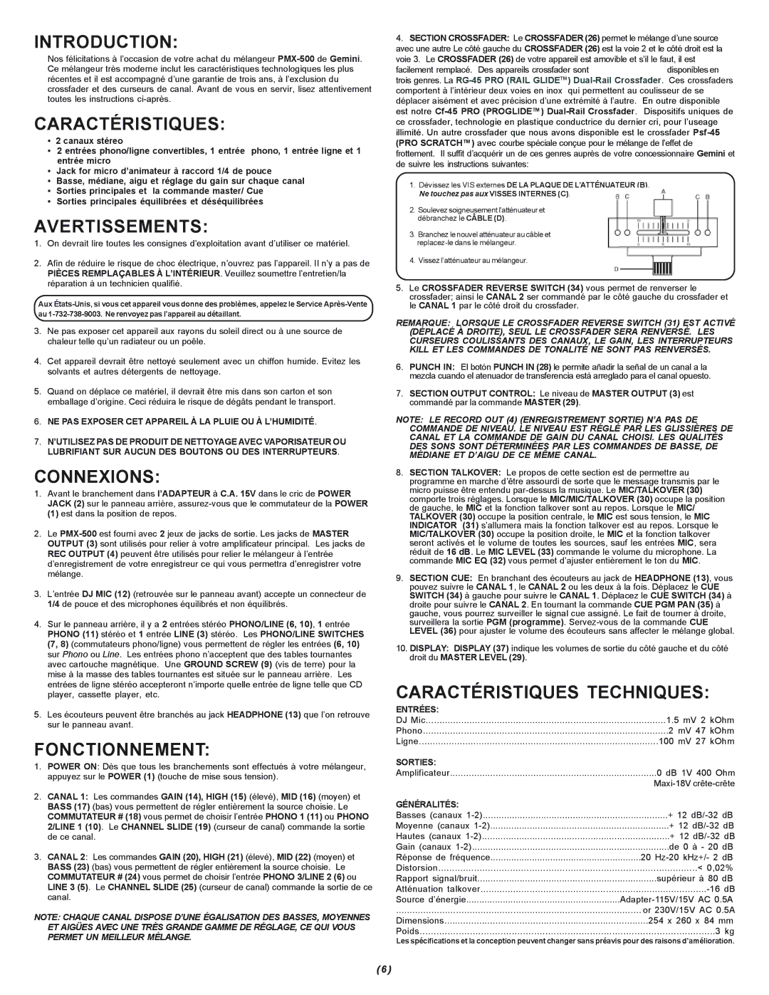 Gemini PMX-500 manual Avertissements, Connexions, Fonctionnement, Caractéristiques Techniques 