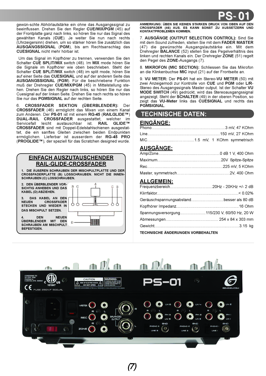 Gemini PS-01 manual Technische Daten, Einfach Auszutauschender RAIL-GLIDE-CROSSFADER, Eingänge, Ausgänge, Allgemein 