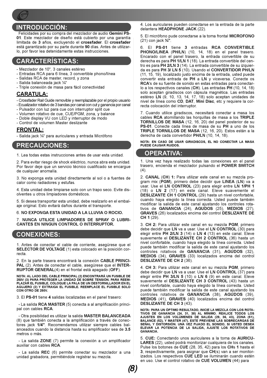 Gemini PS-01 manual Introducción, Características, Precauciones, Conexiones, Operativa 