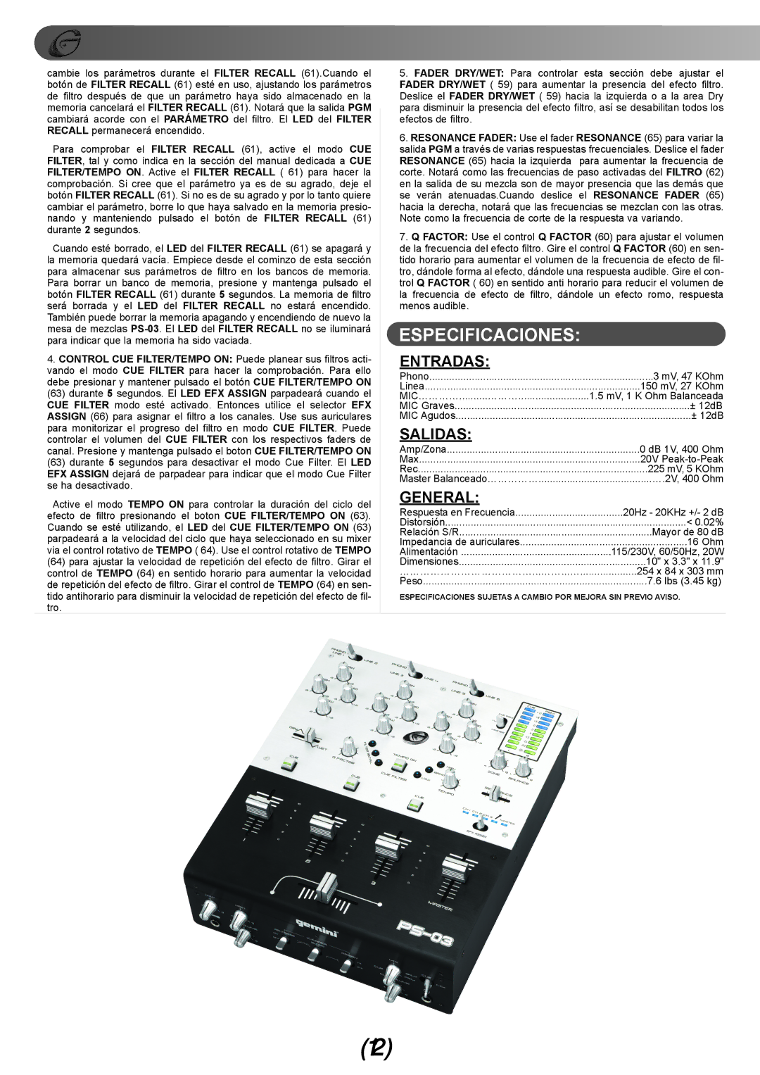 Gemini PS-03 manual Especificaciones, Entradas, Salidas 