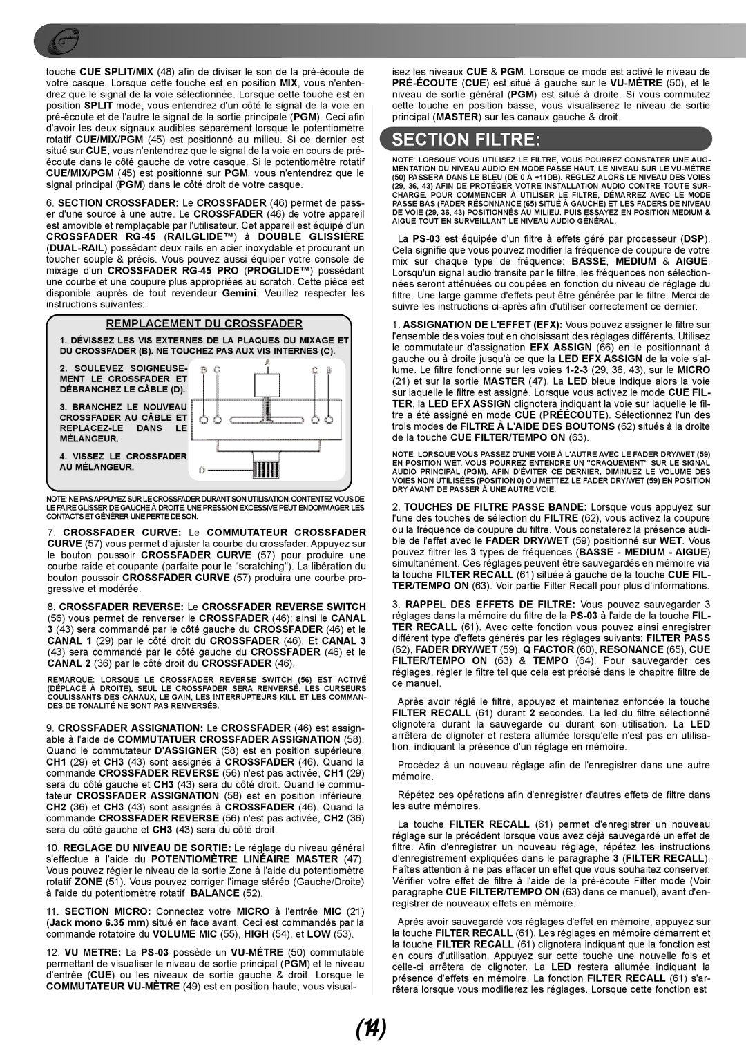 Gemini PS-03 manual Section Filtre, Remplacement DU Crossfader 