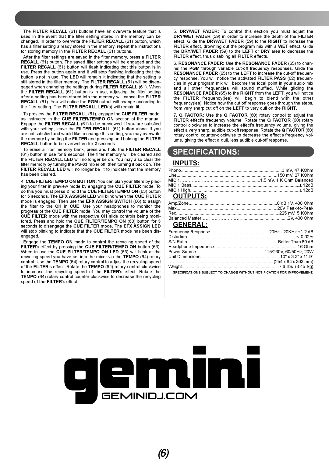 Gemini PS-03 manual Specifications, Inputs, Outputs, General 