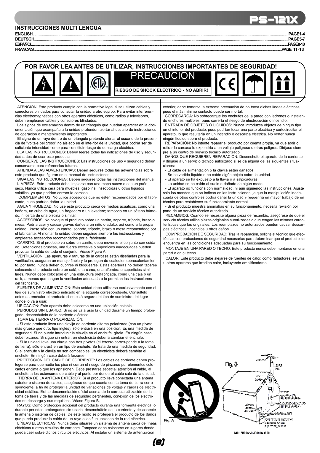 Gemini ps-121x manual Precaucion 