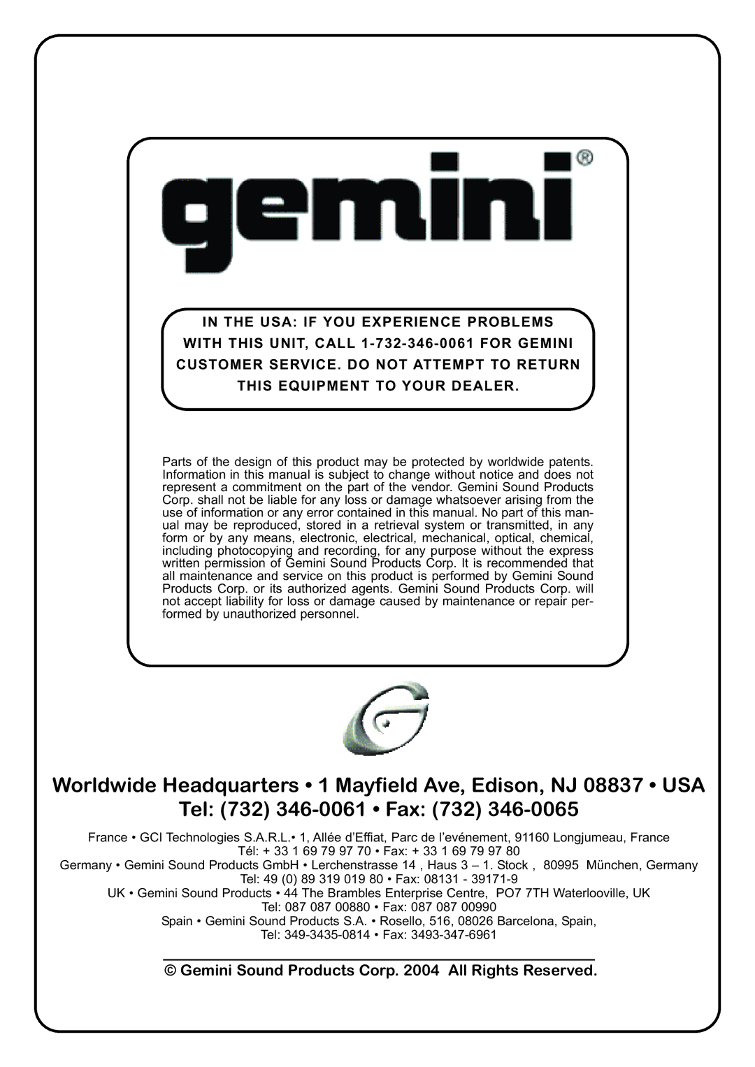 Gemini ps-121x manual Gemini Sound Products Corp All Rights Reserved 