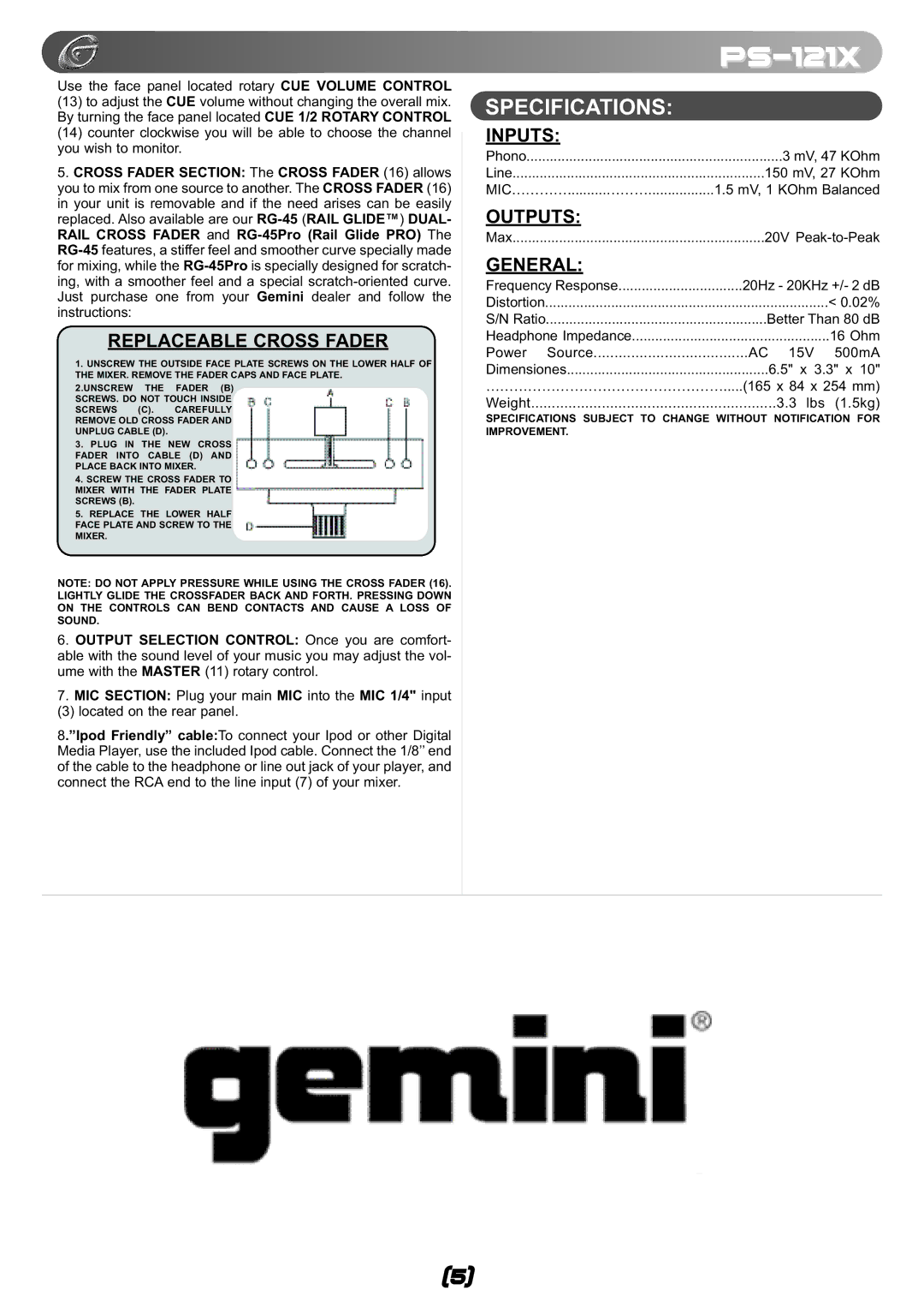 Gemini ps-121x manual Specifications, Replaceable Cross Fader 