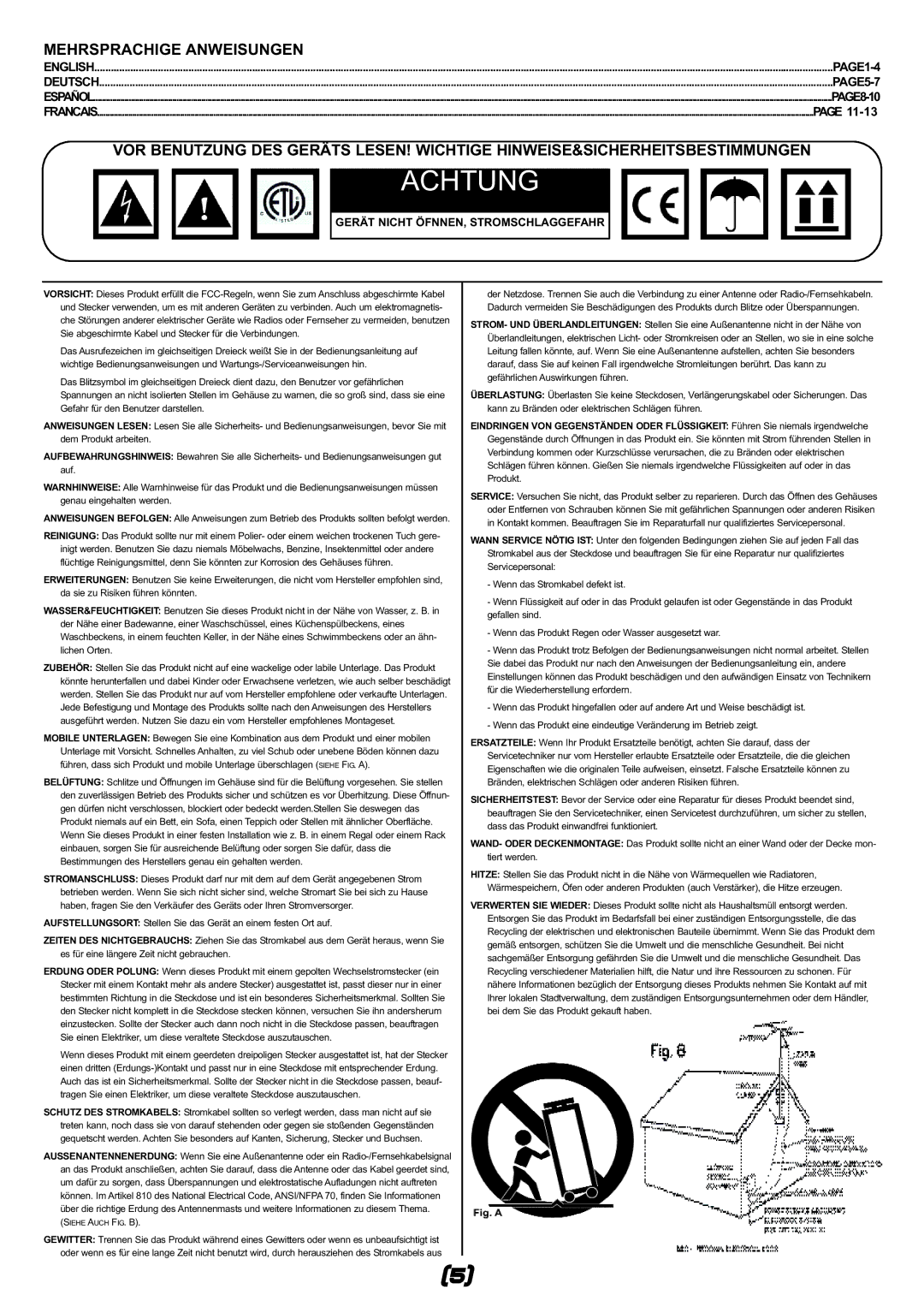 Gemini ps-121x manual Achtung 