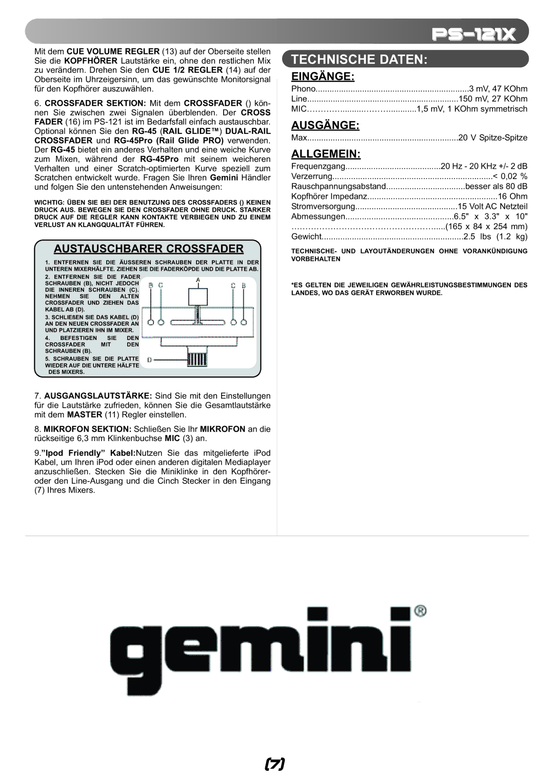 Gemini ps-121x manual Technische Daten, Austauschbarer Crossfader 