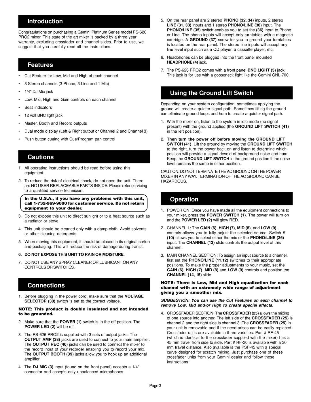 Gemini PS-626 PRO2 manual Introduction, Features, Connections, Using the Ground Lift Switch, Operation 