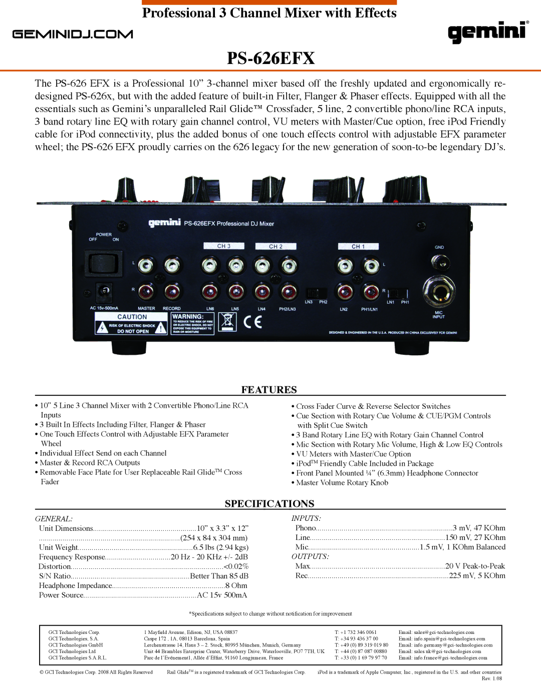 Gemini PS-626EFX manual Features, Specifications 