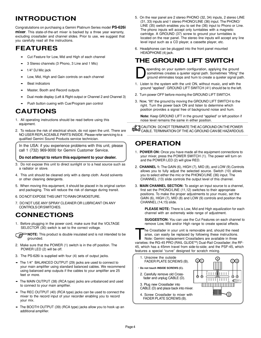 Gemini PS-626i manual Introduction, Features, Connections, Ground Lift Switch, Operation 