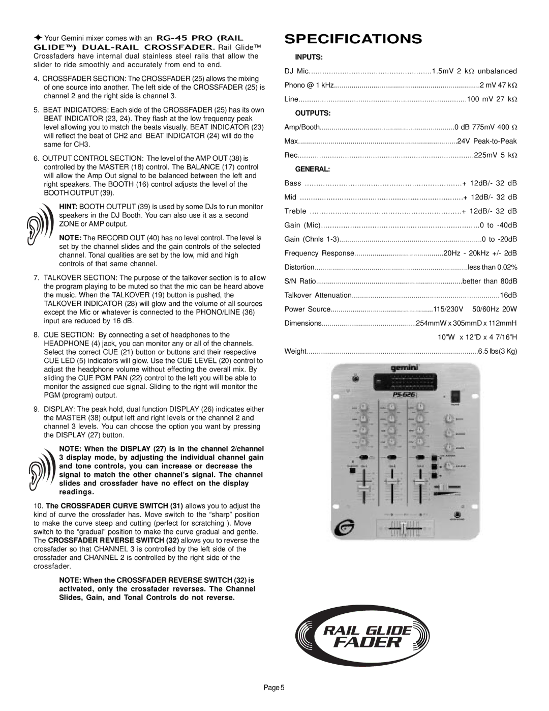 Gemini PS-626i manual Specifications, General 