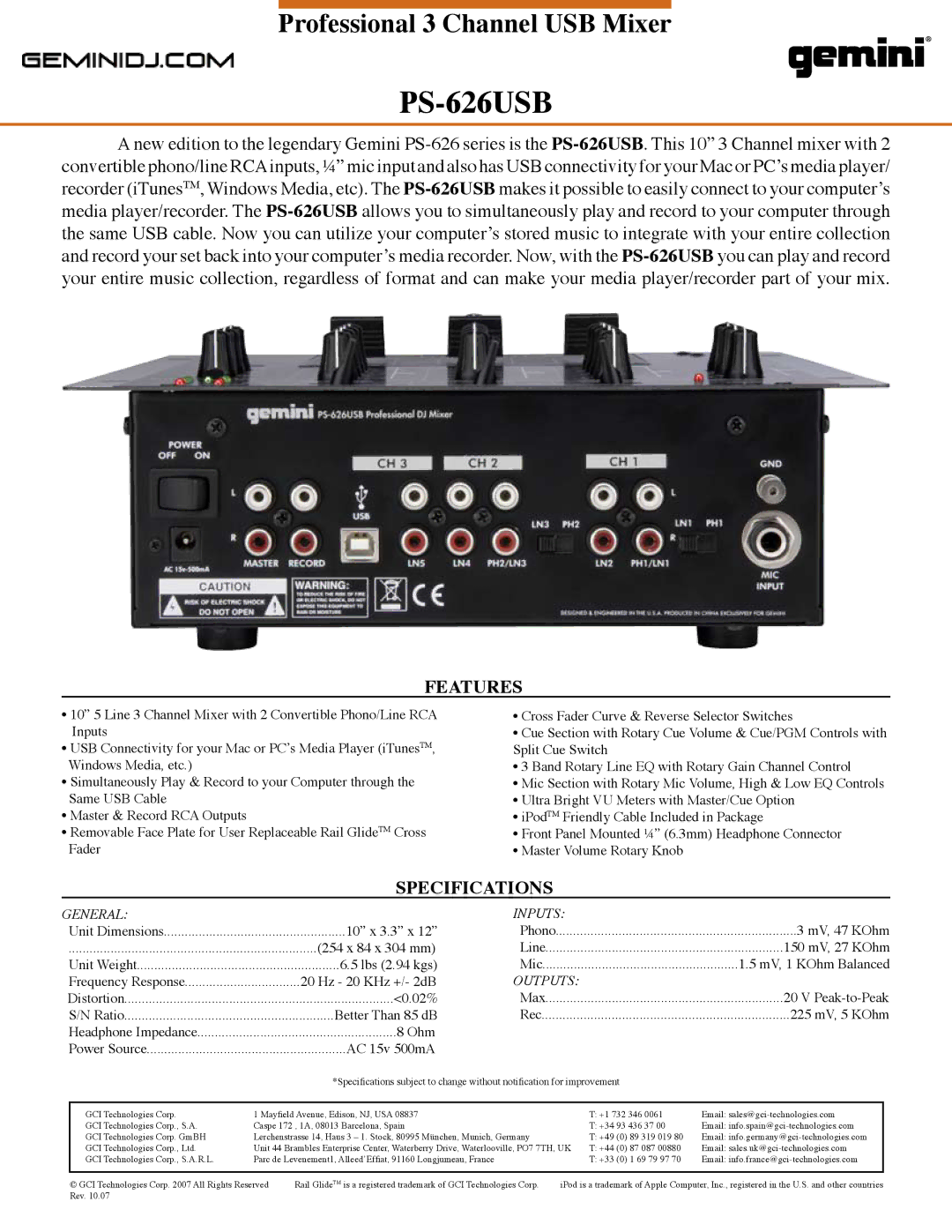 Gemini PS-626USB manual Features, Specifications 