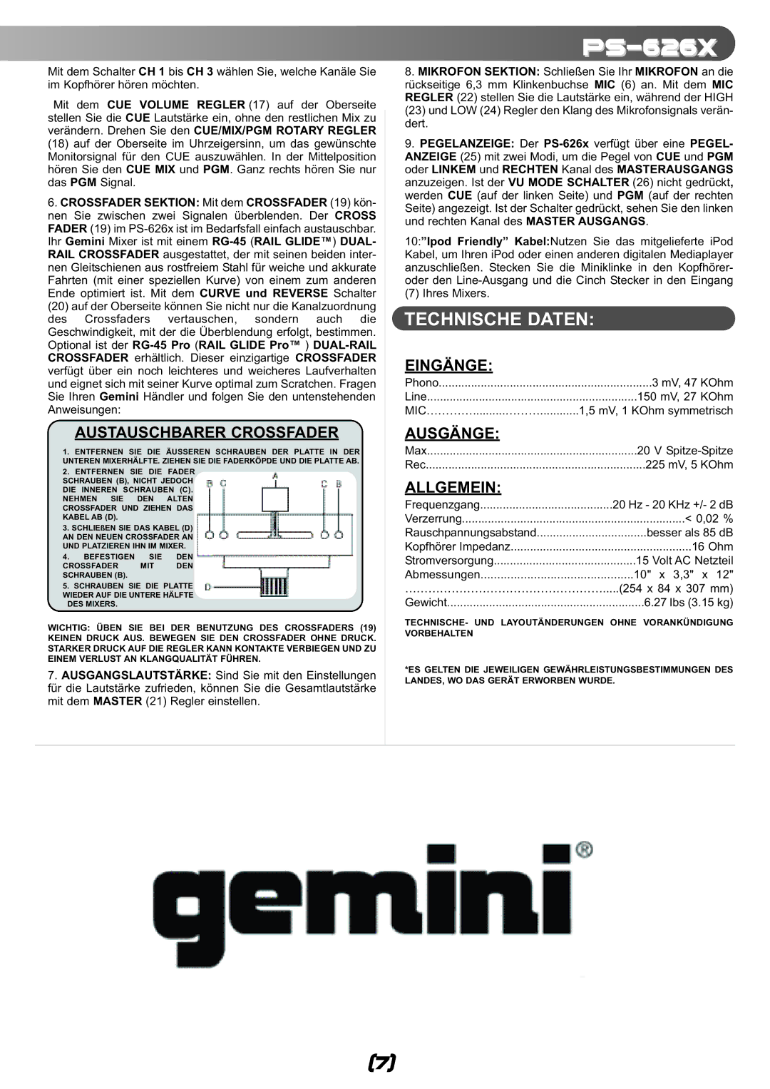 Gemini PS-626X manual Technische Daten, Austauschbarer Crossfader 