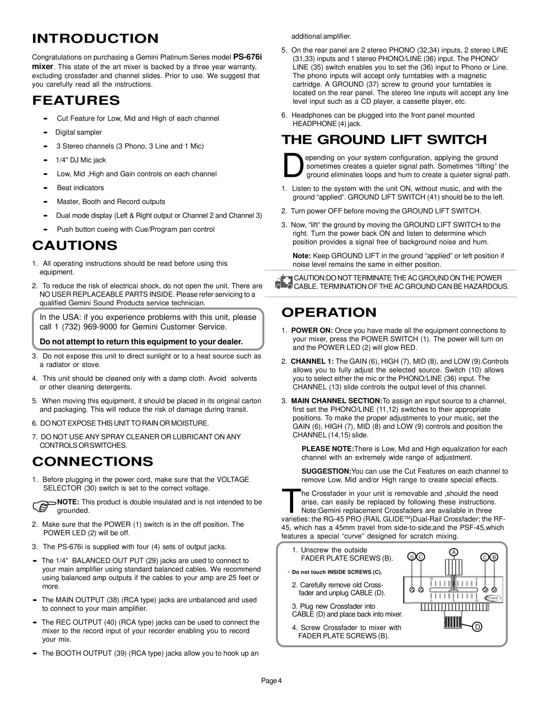 Gemini PS-676i manual Introduction, Features, Connections, Ground Lift Switch, Operation 