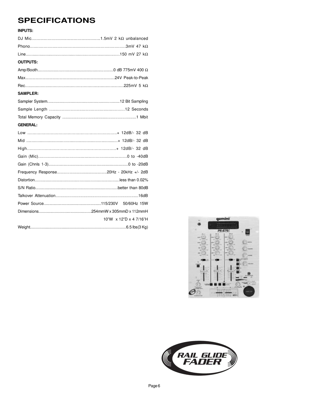 Gemini PS-676i manual Specifications, General 