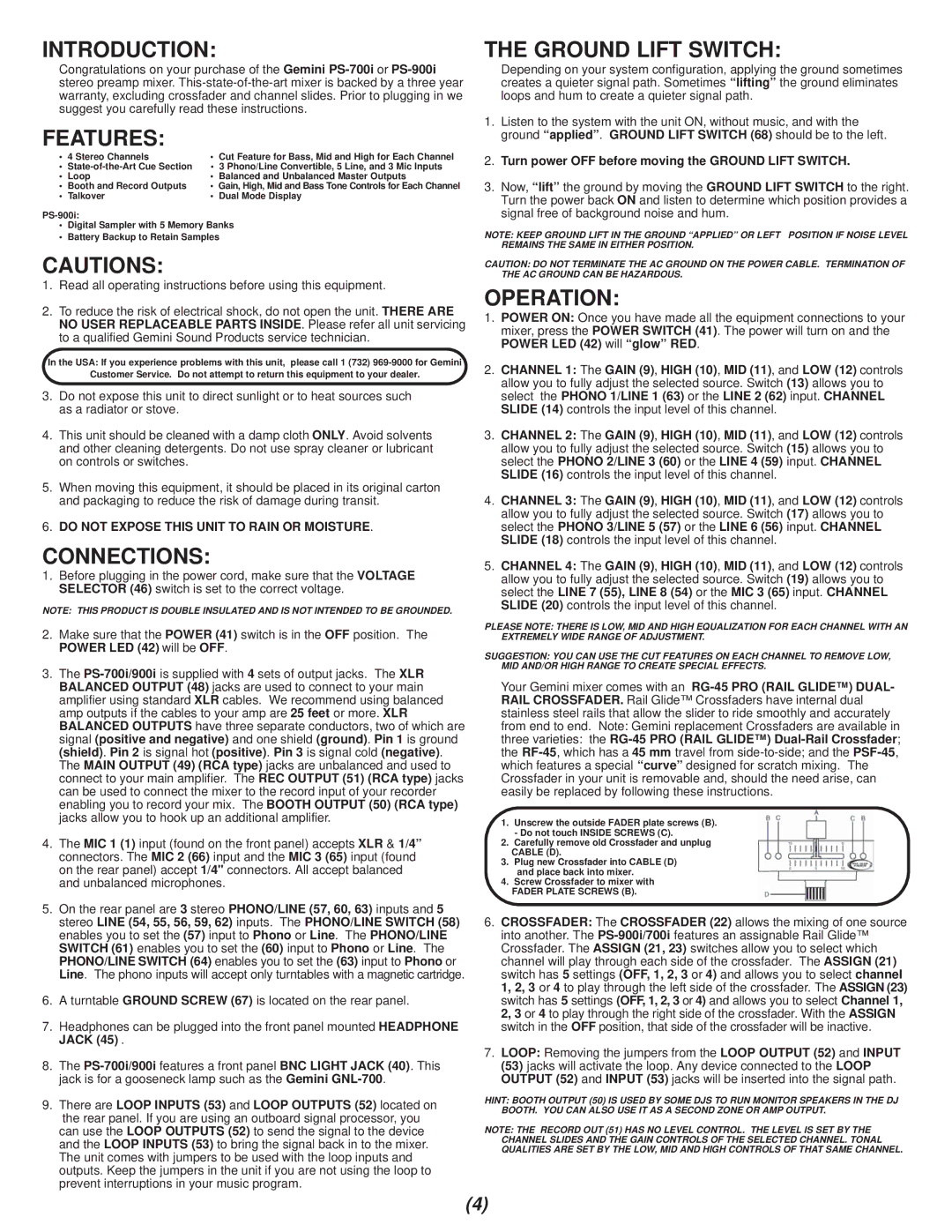 Gemini PS-700i, PS-900i manual Introduction, Features, Connections, Ground Lift Switch, Operation 