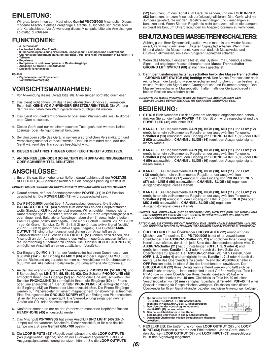 Gemini PS-700i, PS-900i manual Einleitung, Funktionen, Anschlüsse, Bedienung 