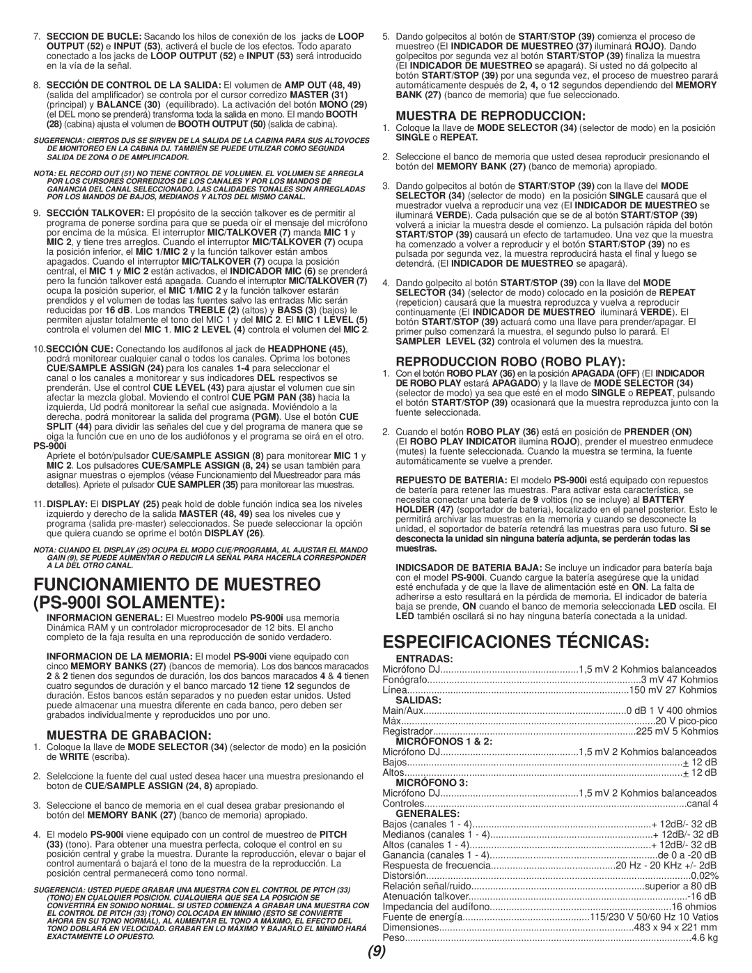 Gemini PS-900i manual Especificaciones Técnicas, Muestra DE Grabacion, Muestra DE Reproduccion, Reproduccion Robo Robo Play 