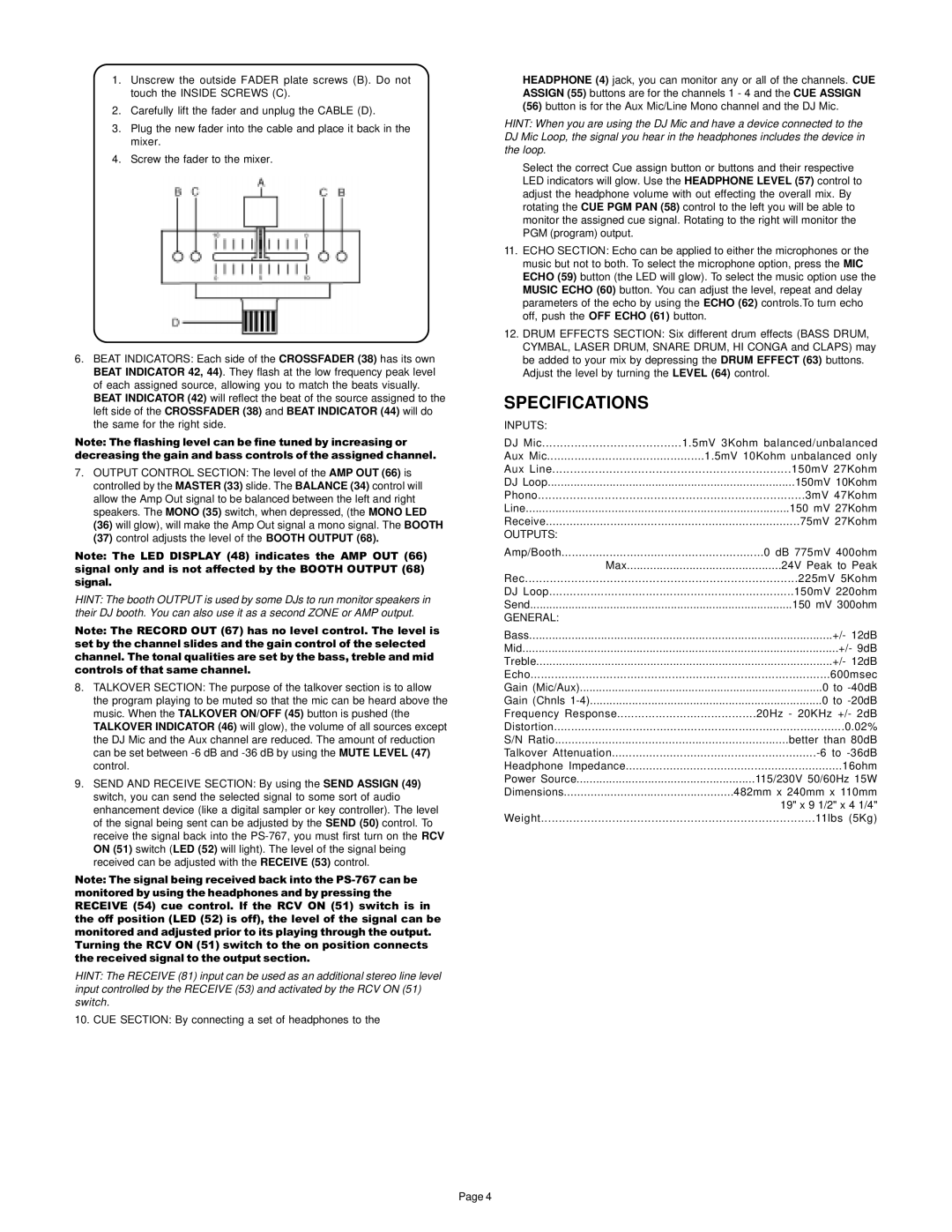 Gemini PS-767 manual Specifications, Inputs 