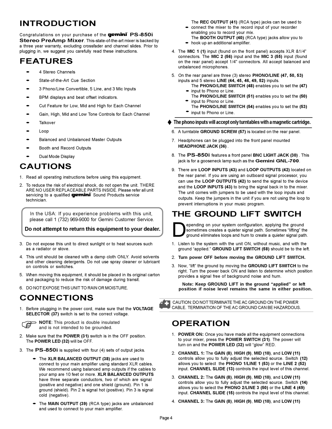 Gemini PS-850i manual Introduction, Features, Ground Lift Switch, Connections, Operation 