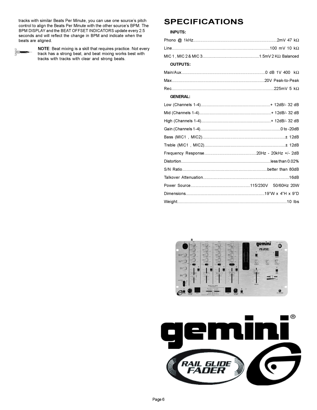 Gemini PS-850i manual Specifications, Inputs, Outputs, General 