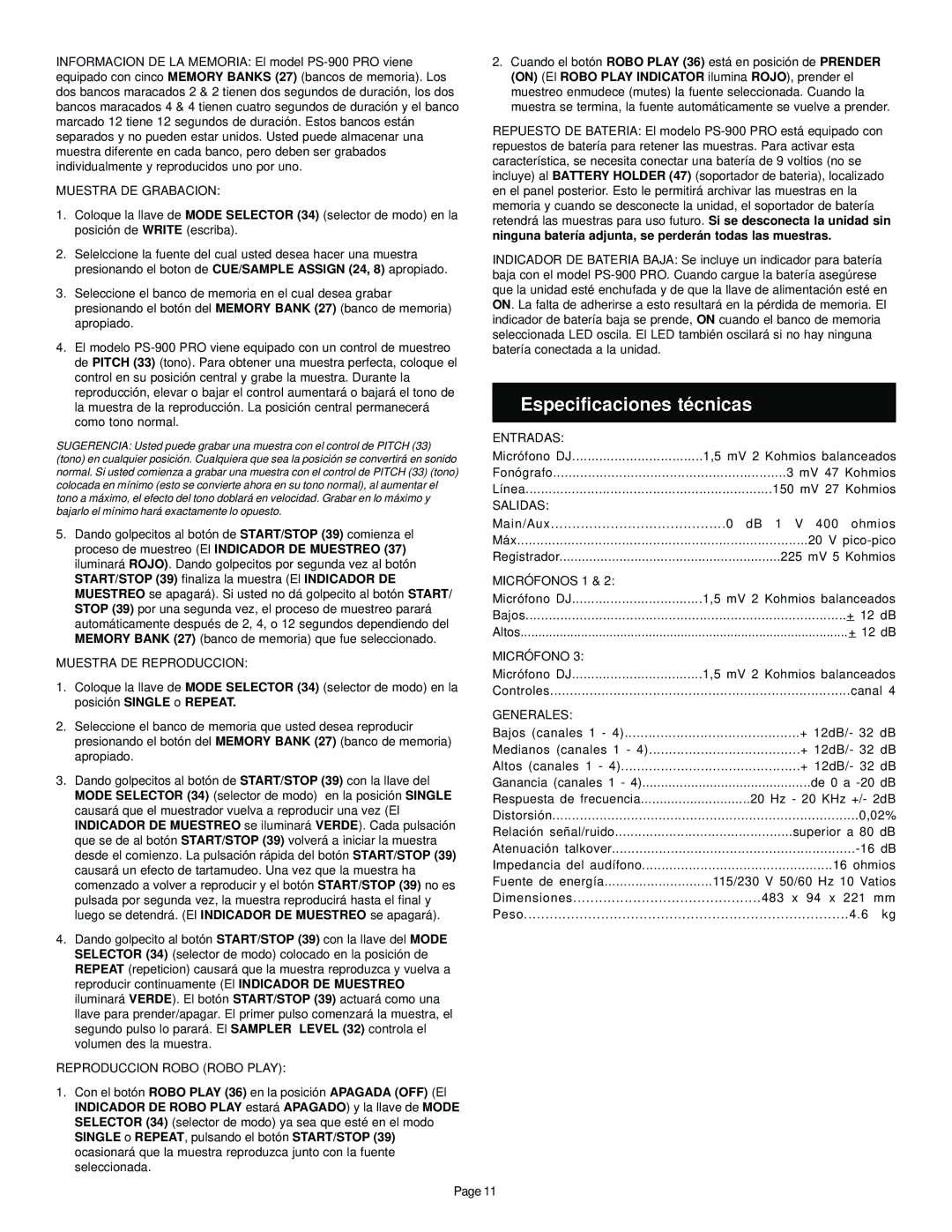 Gemini PS-900 PRO manual Especificaciones técnicas 