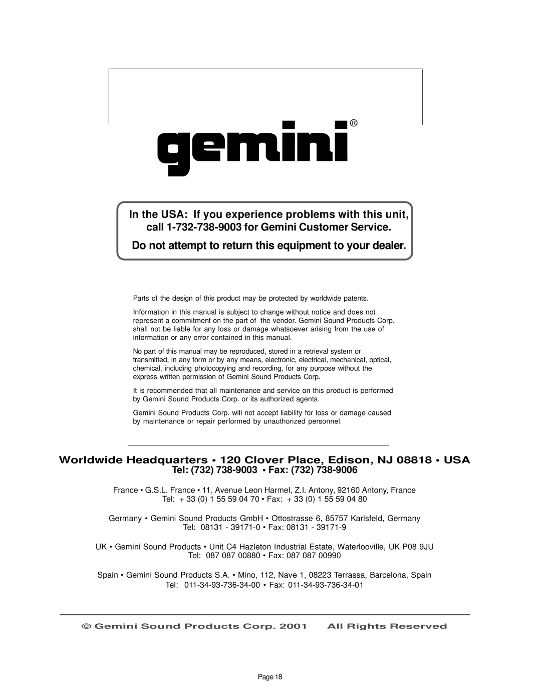 Gemini PS-900 PRO manual Do not attempt to return this equipment to your dealer 