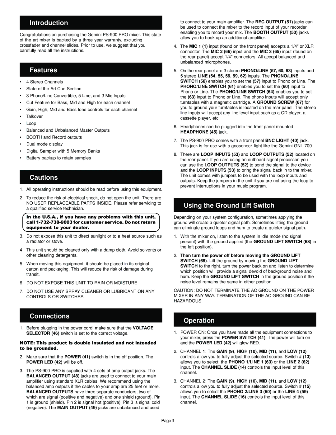 Gemini PS-900 PRO manual Introduction, Features, Using the Ground Lift Switch, Connections, Operation 