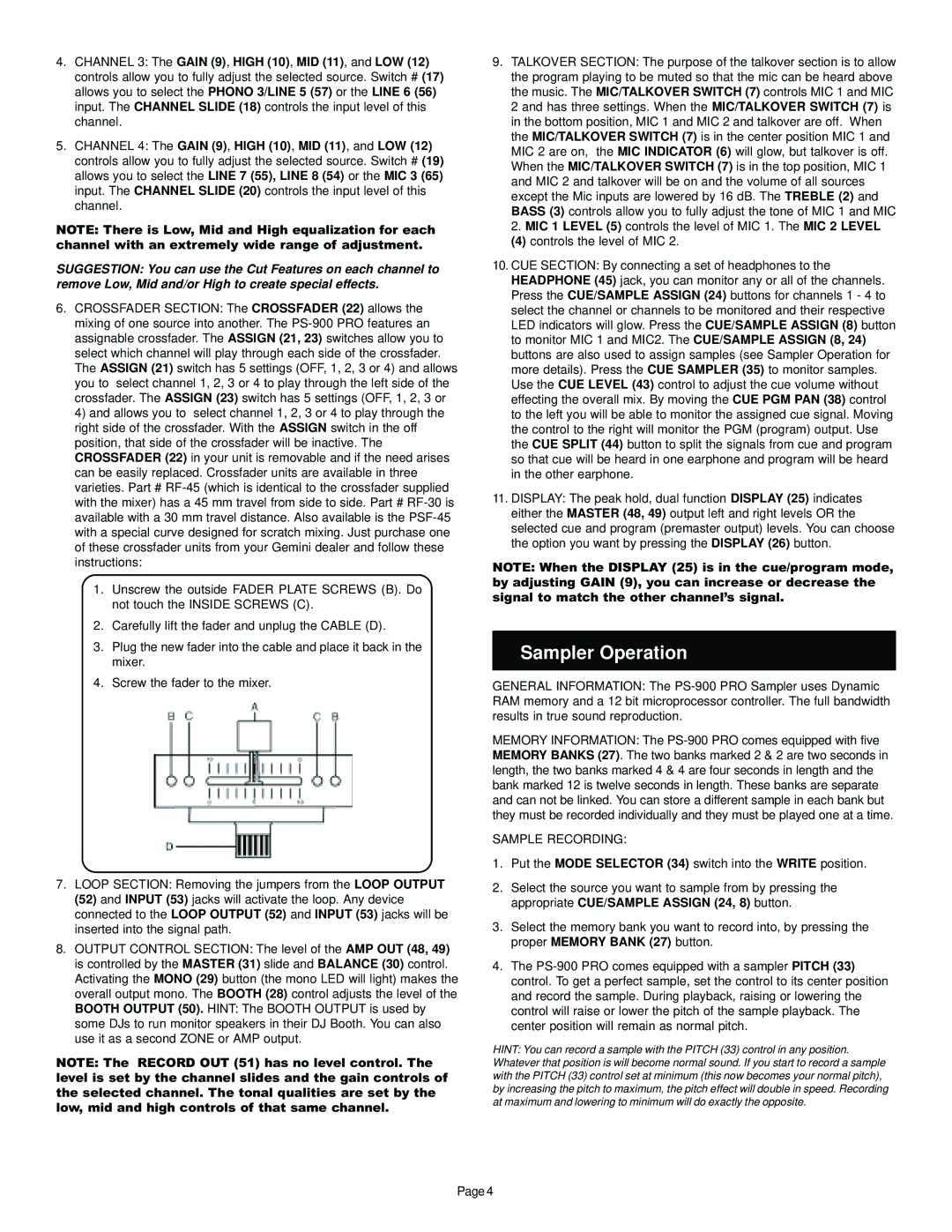 Gemini PS-900 PRO manual Sampler Operation, Sample Recording 