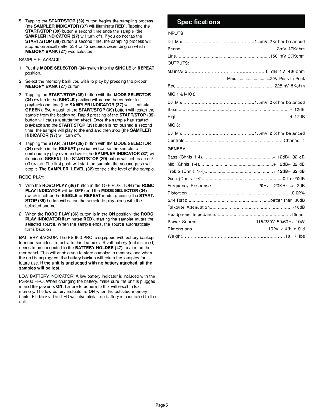 Gemini PS-900 PRO manual Specifications 